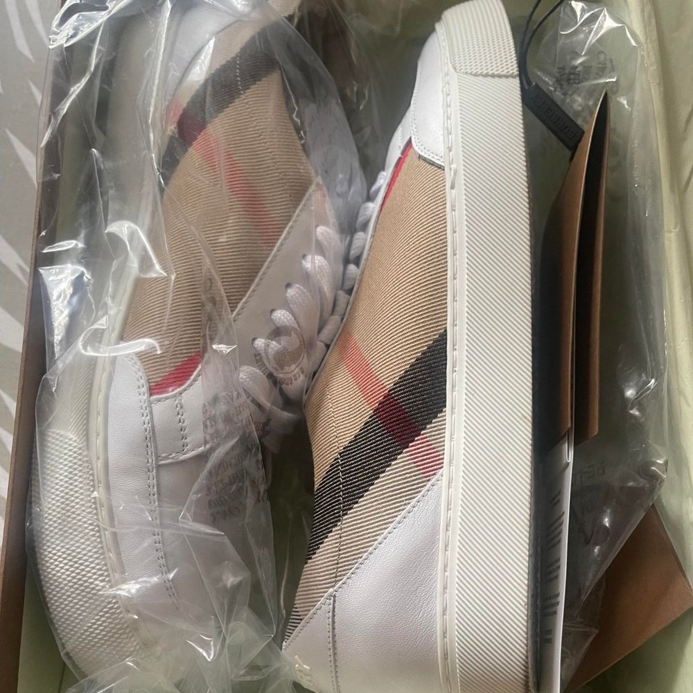 White Burberry Salmond Check Leather Low-Top Sneakers